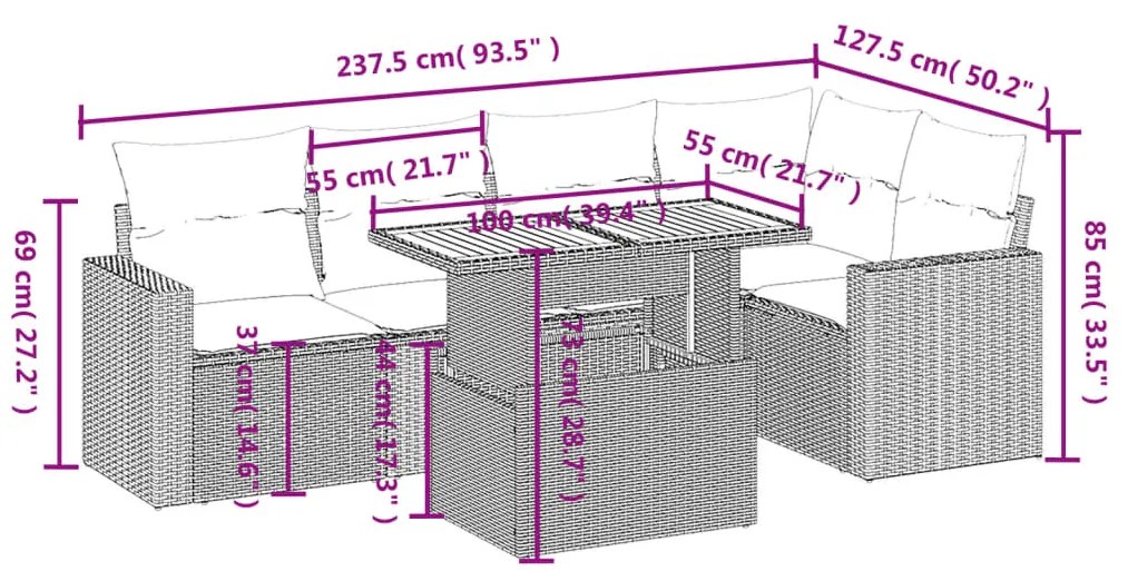 6 pcs conjunto de sofás p/ jardim com almofadões vime PE bege