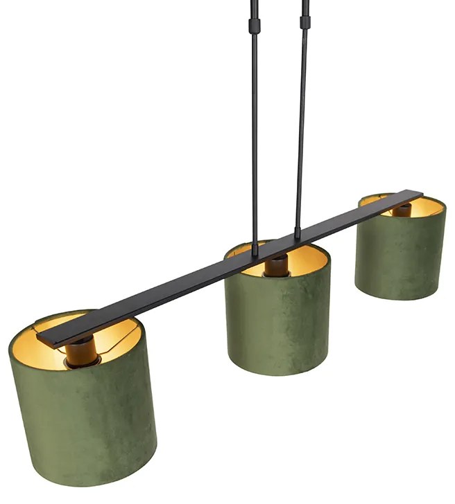 Candeeiro de suspensão com abajures de veludo verde com dourado 20cm - Combi 3 Deluxe Country / Rústico
