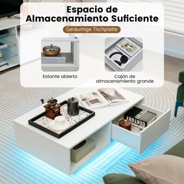 Mesa de centro com luzes LED, gaveta com controlo remoto e estante aberta retangular moderna para sala de estar 95 x 55 x 31 cm Branco