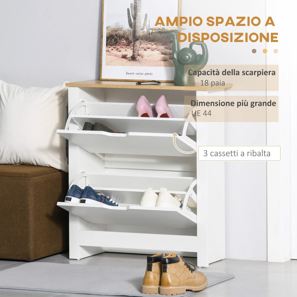 Sapateira Branca Estreita Armário para Sapatos com 2 Gavetas Basculantes para 12 Pares de Sapatos 72x26x80 cm Branco e madeira