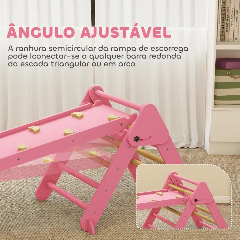 Triângulo de Escalada 7 em 1 com Arco e Rampa Escalada para Crianças de Madeira Dobrável para 18-48 Meses 188x70 cm Rosa