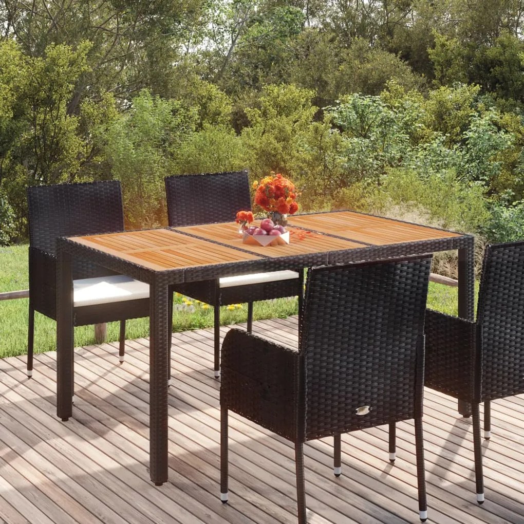 vidaXL Mesa de jardim com tampo de madeira 150x90x75 cm vime PE preto