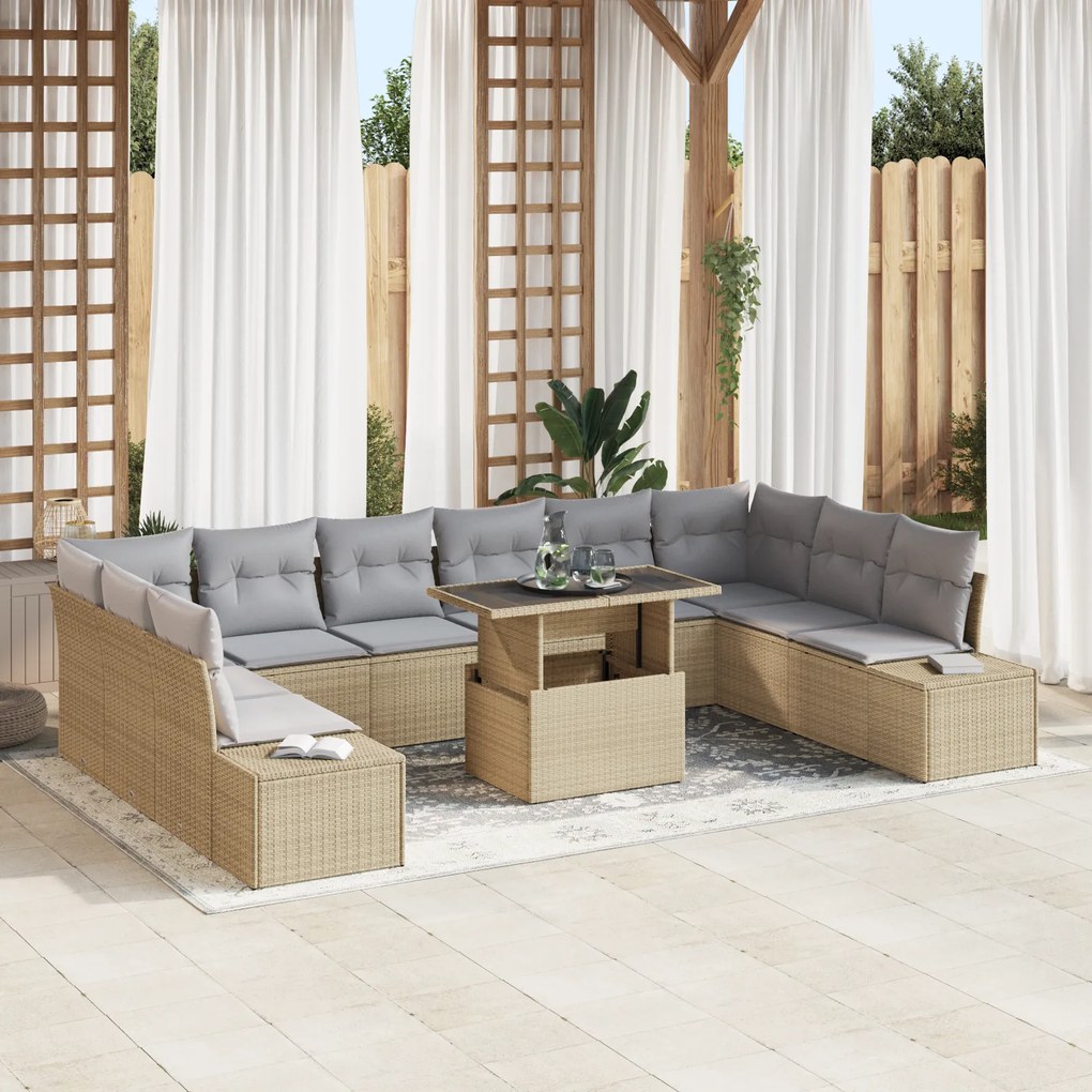 Conjunto de Sofá de Jardim com 11 Peças e Almofadas Bege em Rattan Sin