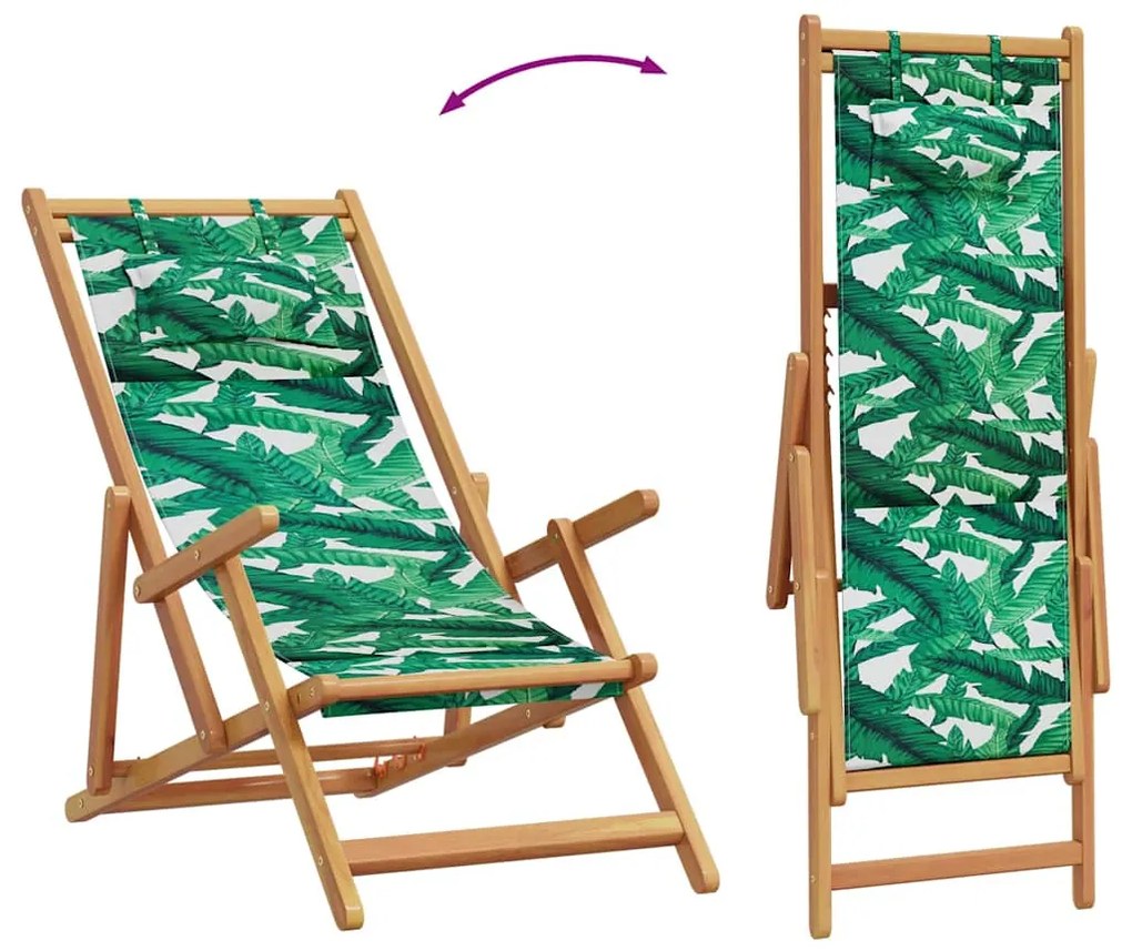 Cadeiras de praia dobráveis 2 pcs tecido/madeira padrão folhas
