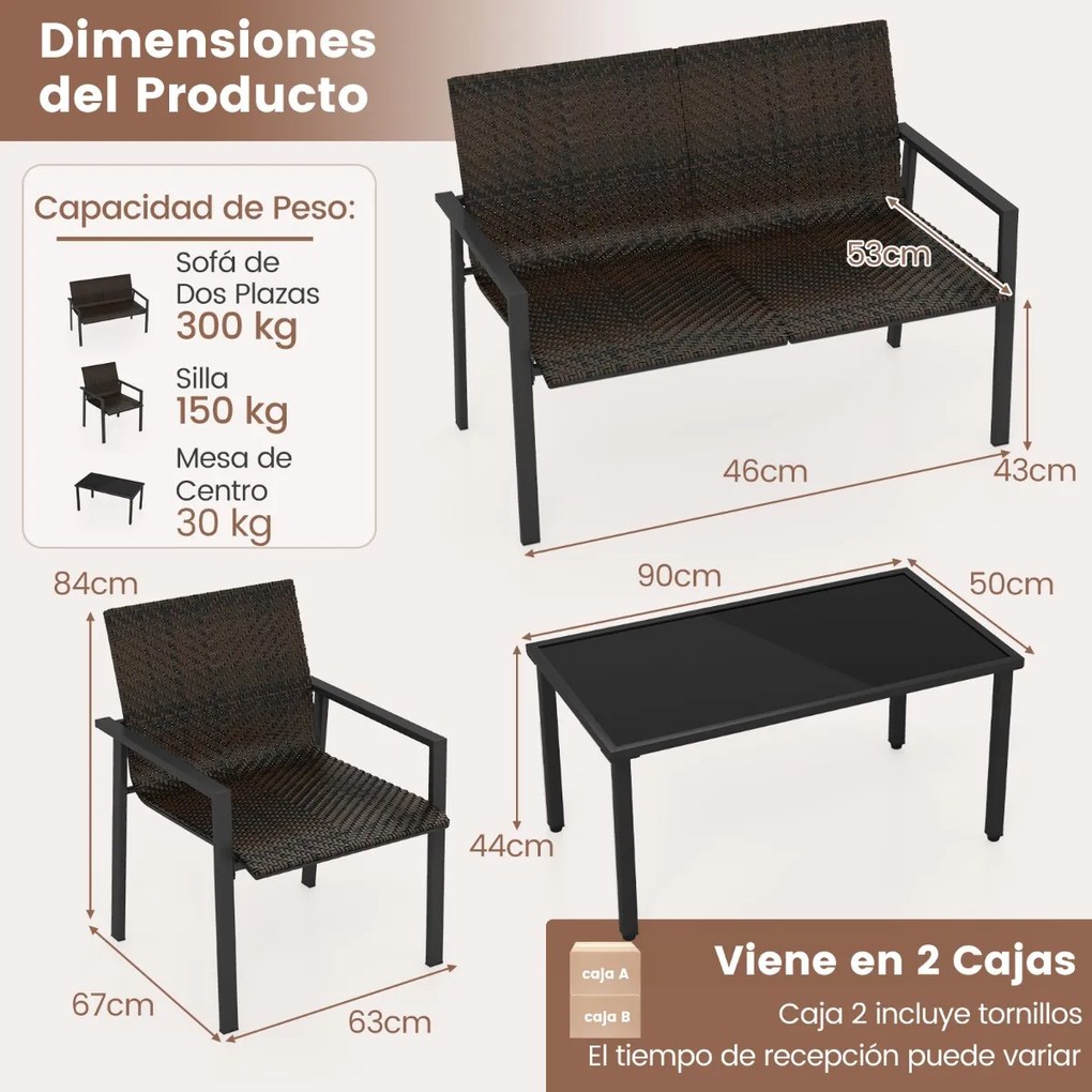 Conjunto de móveis jardim de 4 peças com estrutura metálica galvanizada robusta em vime Castanho