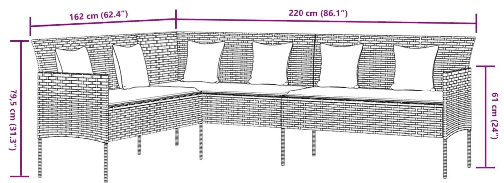 2 pcs conjunto de jantar p/ jardim c/ almofadões vime PE cinza