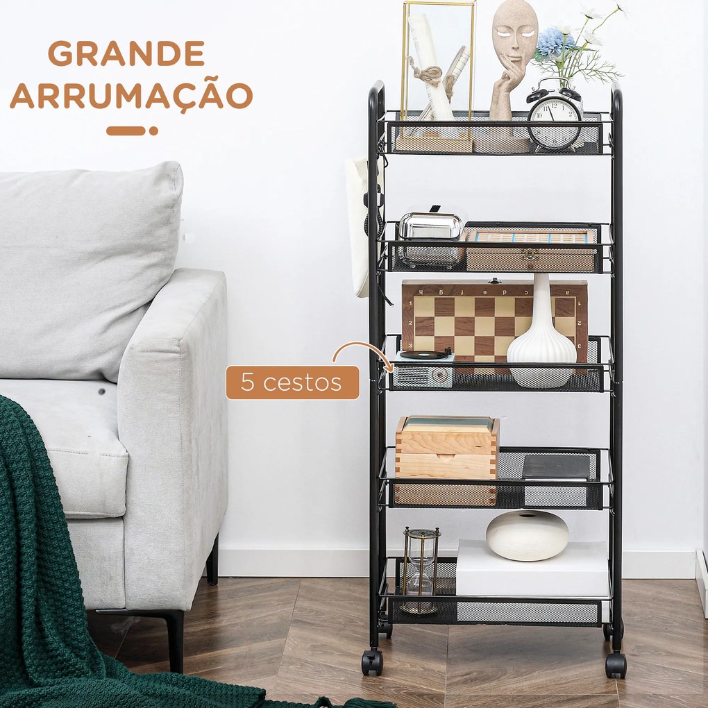 Carrinho cozinha Auxiliar com Rodas de 5 Níveis com Cestos de Malha Removíveis e Estrutura de Aço 45x26,5x106 cm Preto