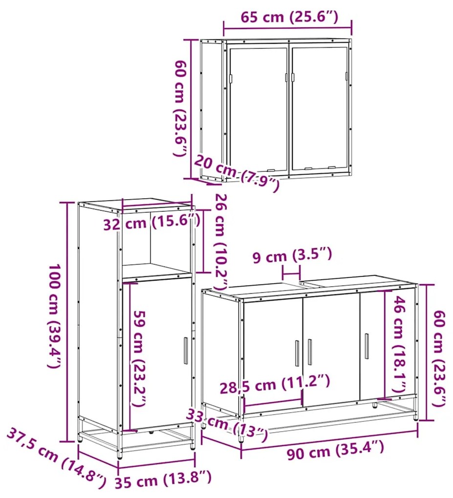 3 pcs Conjunto móveis casa de banho madeira proc. cinza sonoma