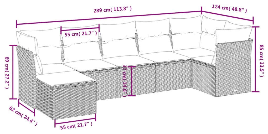 7 pcs conj. sofás jardim com almofadões vime PE cinzento-claro