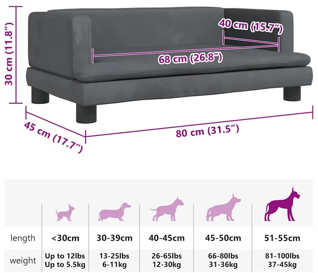 Cama para cães 80x45x30 cm veludo cinzento-escuro