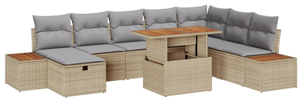 Conjunto de Sofá de Jardim de 9 Peças com Almofadas Bege Rattan Poliés