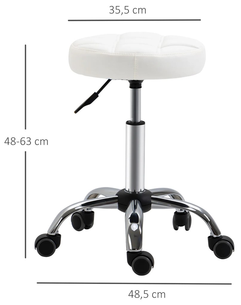 HOMCOM Banco Giratório com Rodas Altura Ajustável entre 48-63cm Banco de Trabalho Estofado em Couro PU para Salão Dentista Diâmetro Ø35,5cm Branco