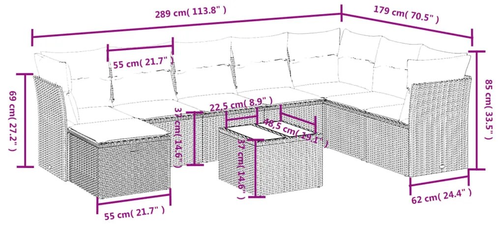 9 pcs conj. sofás jardim com almofadões vime PE cinzento-claro