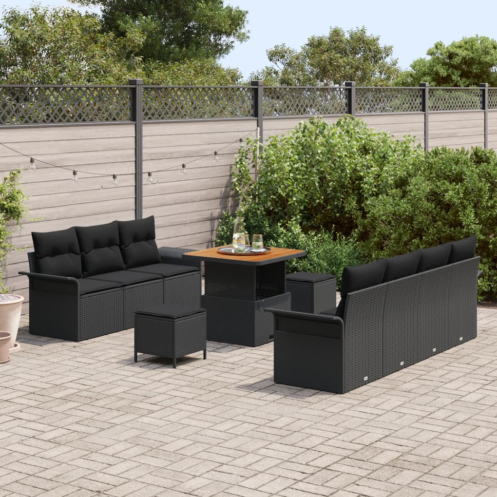 Conjunto de Sofá de Jardim vidaXL 10 Peças com Almofadas Preto Rattan