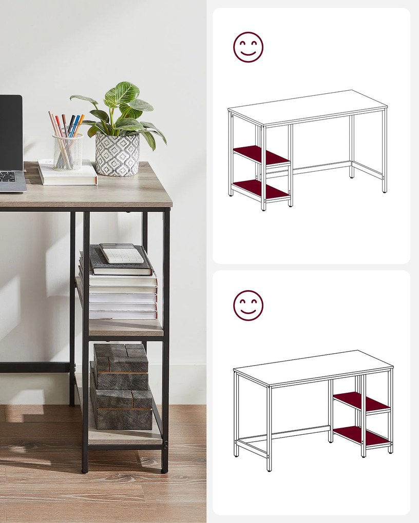 Secretária de escritório de design industrial com 2 prateleiras 50 x 100 x 75 cm greige-preto
