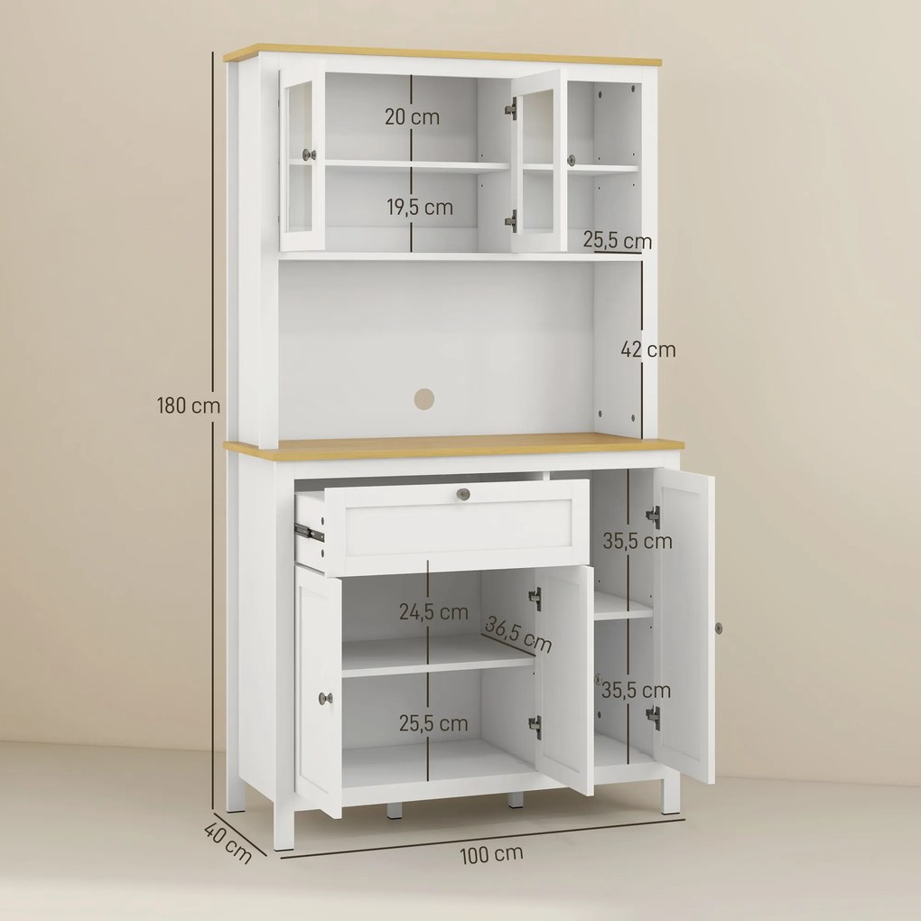 Armário de Arrumação Alto com 5 Portas Prateleiras Ajustáveis para Micro-Ondas 100x40x180 cm Branco e Madeira