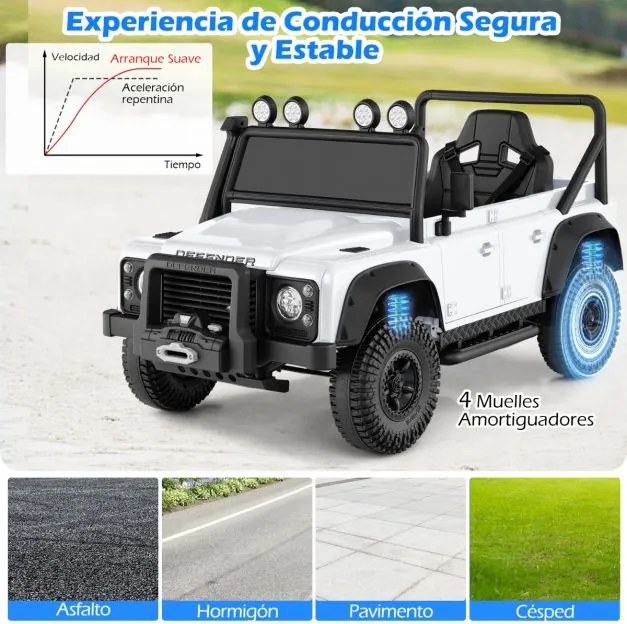 Jipe Land Rover Defender elétrico infantil 12V com comando à distância, suspensão completa, faróis e música para idades entre 3 e 8 anos, Branco