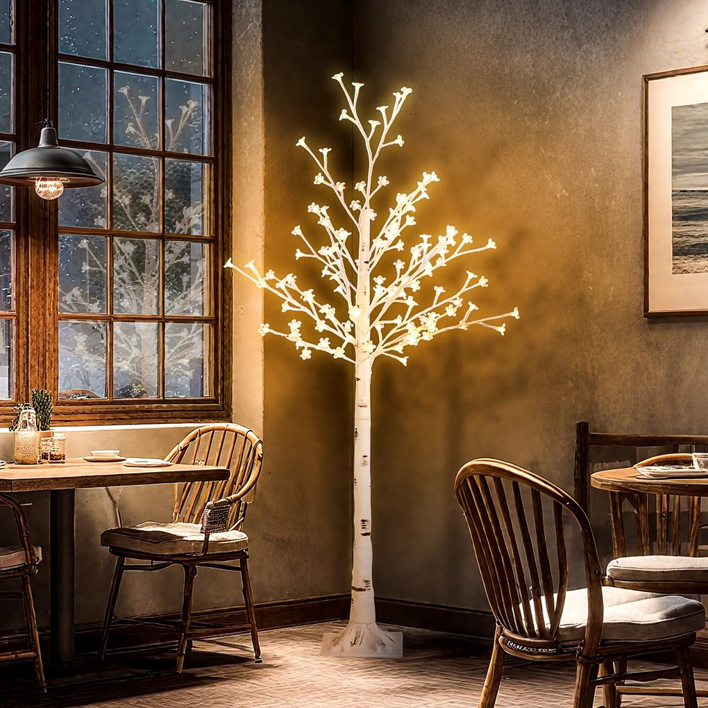 Árvore Cerejeira com 120 Luzes LED IP44 Banco Quente com Luz Ajustável em 3 Modos 21x21x150 cm Branco