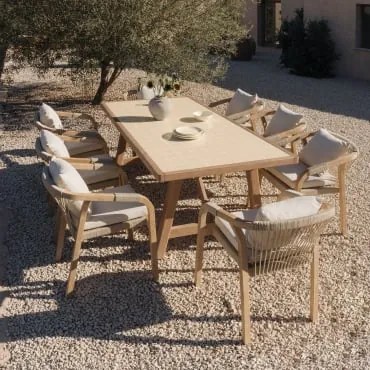 Conjunto De Mesa Retangular 200x100 Cm E 8 Cadeiras De Jardim Em Madeira De Acácia Dubai Tapioca Bege & Tecido Gardénia Branco - Sklum