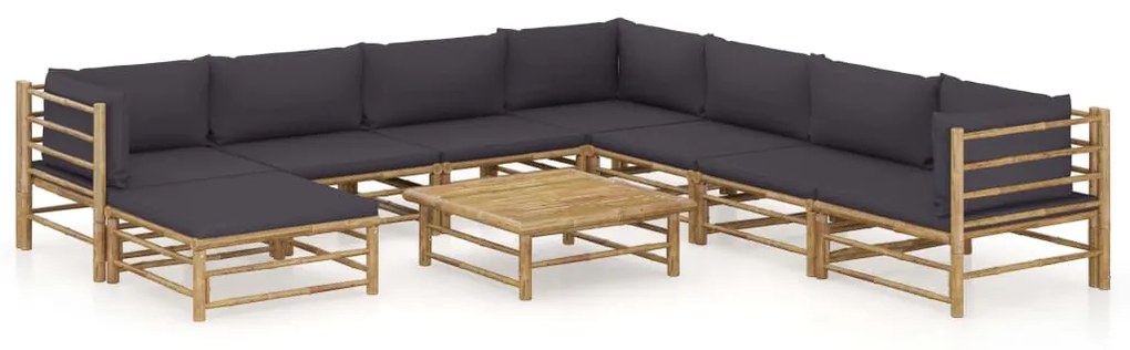 vidaXL 9 pcs conj. lounge jardim em bambu c/ almofadões cinza-escuro
