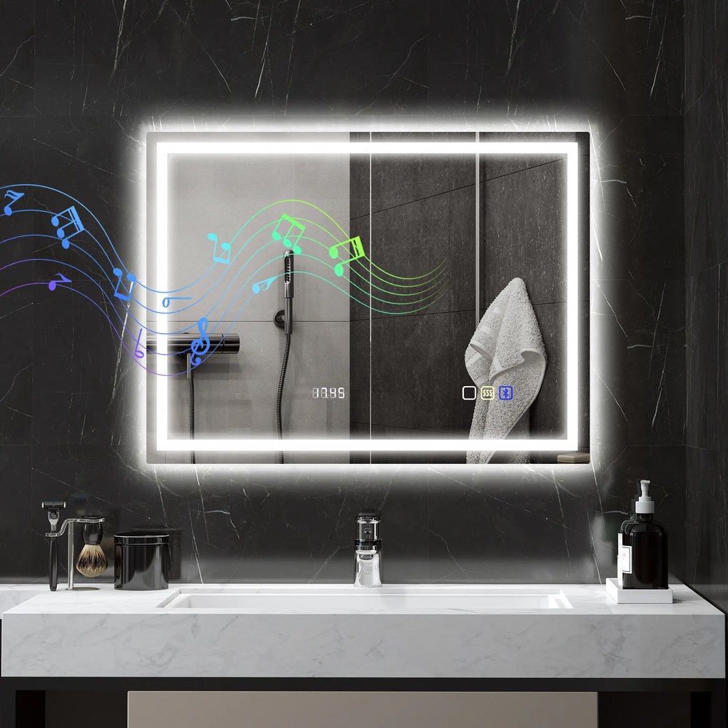 Espelho de casa de banho com LED e Bluetooth, 60 x 80 cm, interruptor tátil, iluminação regulável, 3 cores, antiembaciamento, memória, prateado