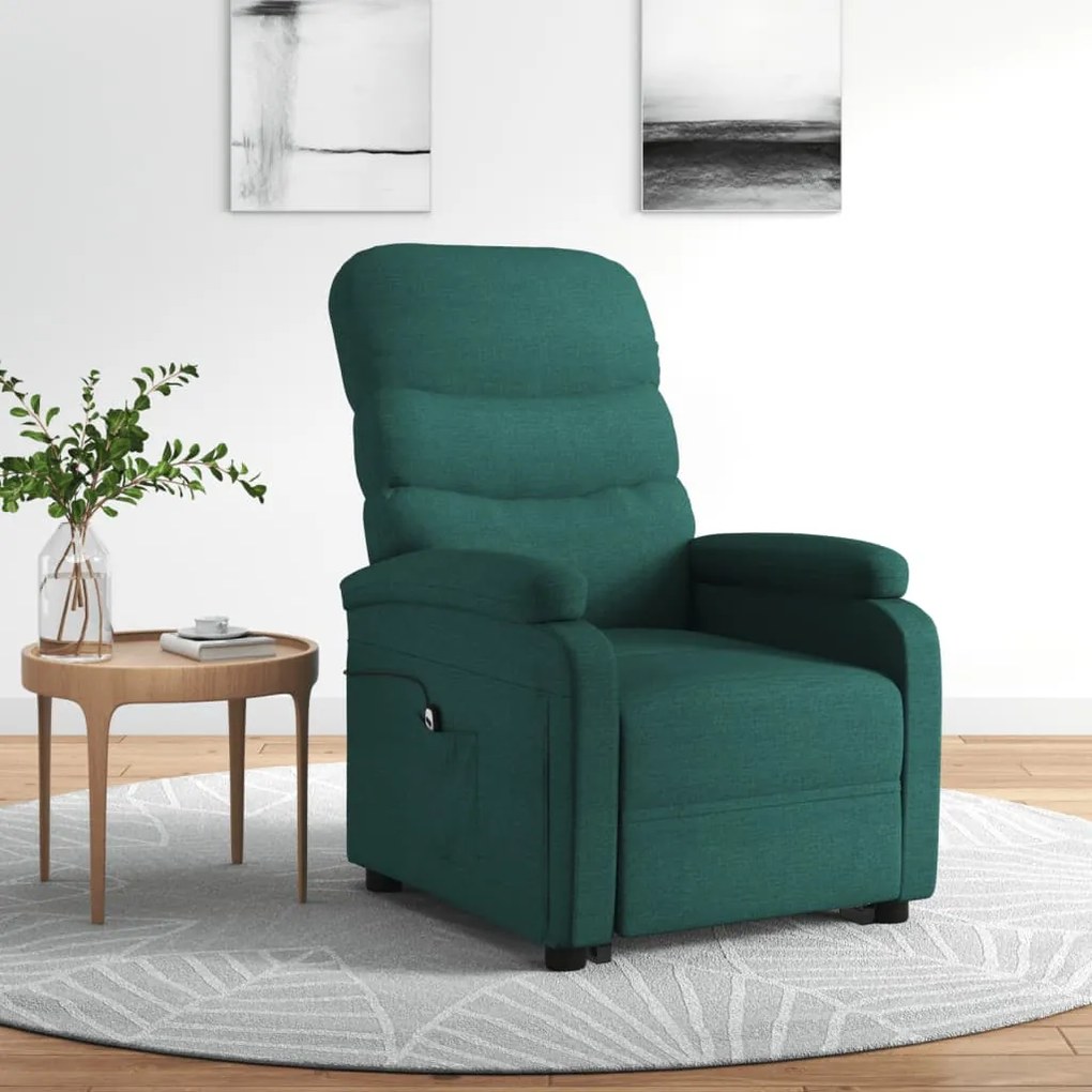 vidaXL Poltrona elevatória tecido verde-escuro