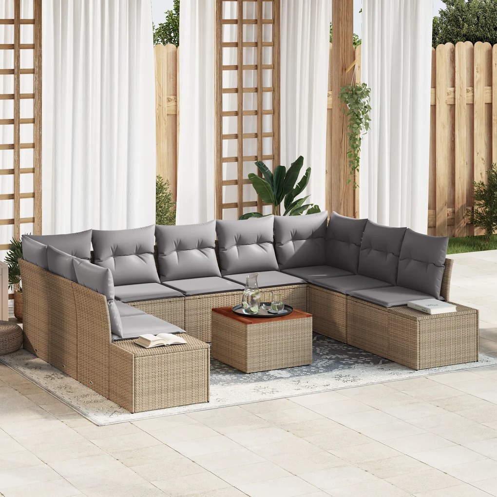 Conjunto de Sofá de Jardim de 10 Peças com Almofadas Bege Rattan Polié