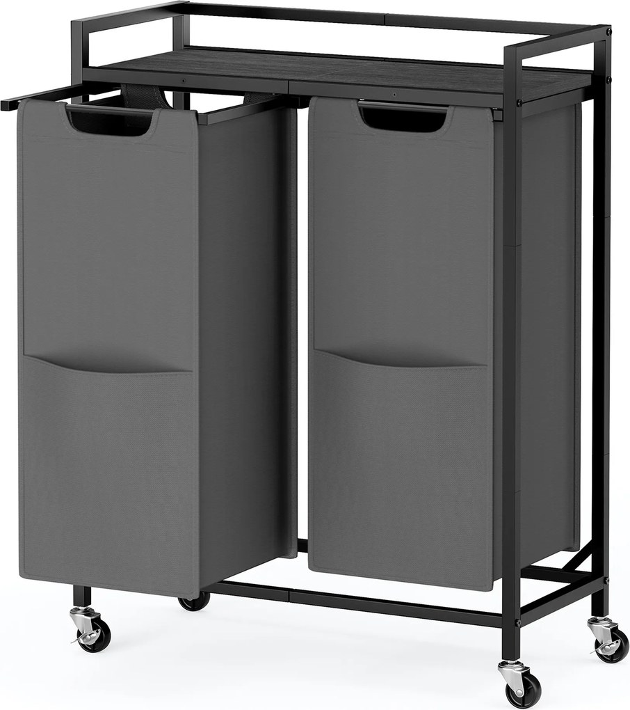 Cesto da roupa suja com 2 compartimentos 63 x 32 x 93 cm, carrinho com prateleira e bolsos preto-cinzento
