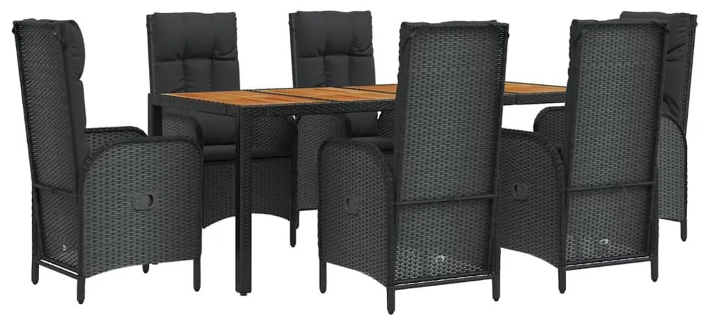 7 pcs conjunto de jantar p/ jardim c/ almofadões vime PE preto