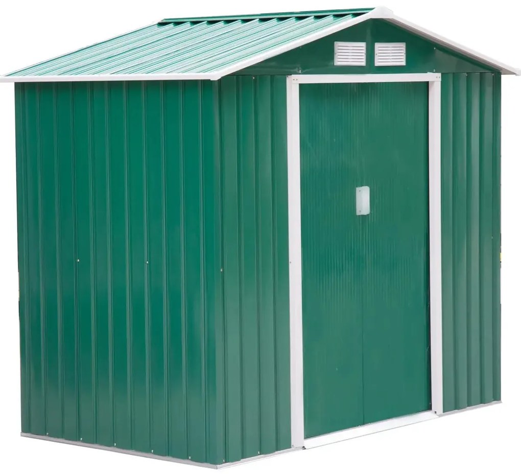 Outsunny Abrigo de Jardim 213x130x185cm Abrigo de Jardim Metálico de Exterior com 2 Portas Deslizantes e 4 Janelas Verde