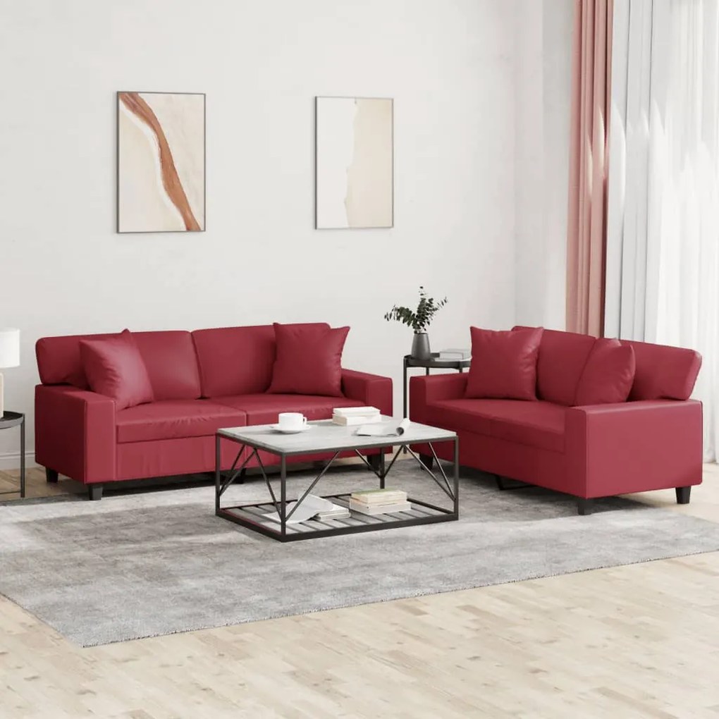 vidaXL 2 pcs conjunto sofás c/ almofadas couro artif. vermelho tinto