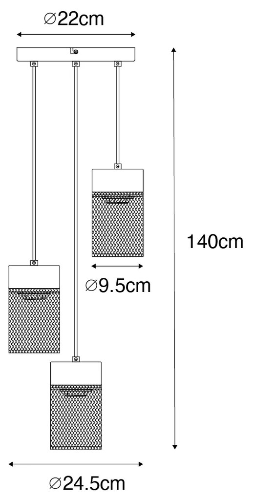 Candeeiro de suspensão industrial preto 3 luzes - Jim