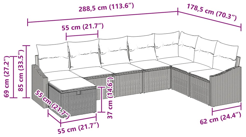 Conjunto de Sofá de Jardim com 8 Peças e Almofadas Cinza Claro em Ratt