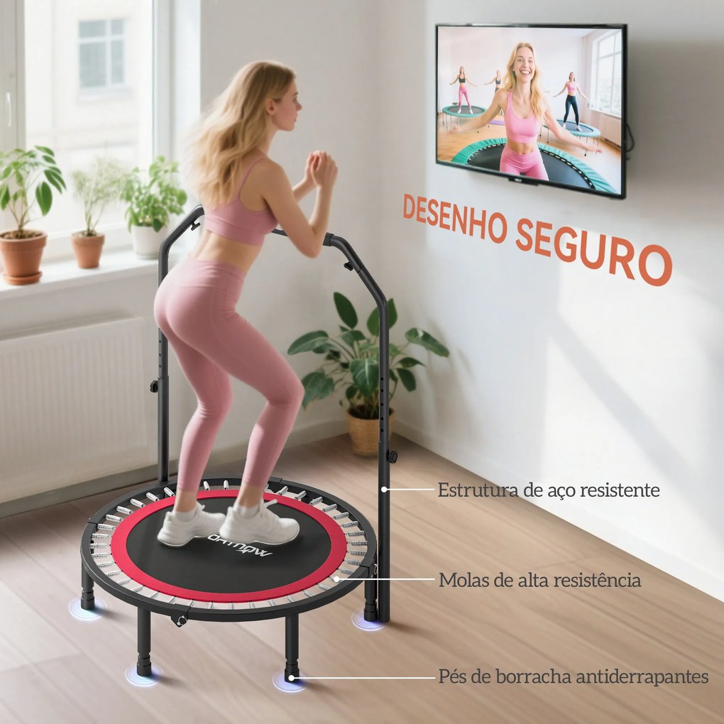 Trampolim de Fitness Ø102 cm Dobrável com Guiador Ajustável de 4 Níveis e Bandas para Treino de Pernas e Corpo Vermelho