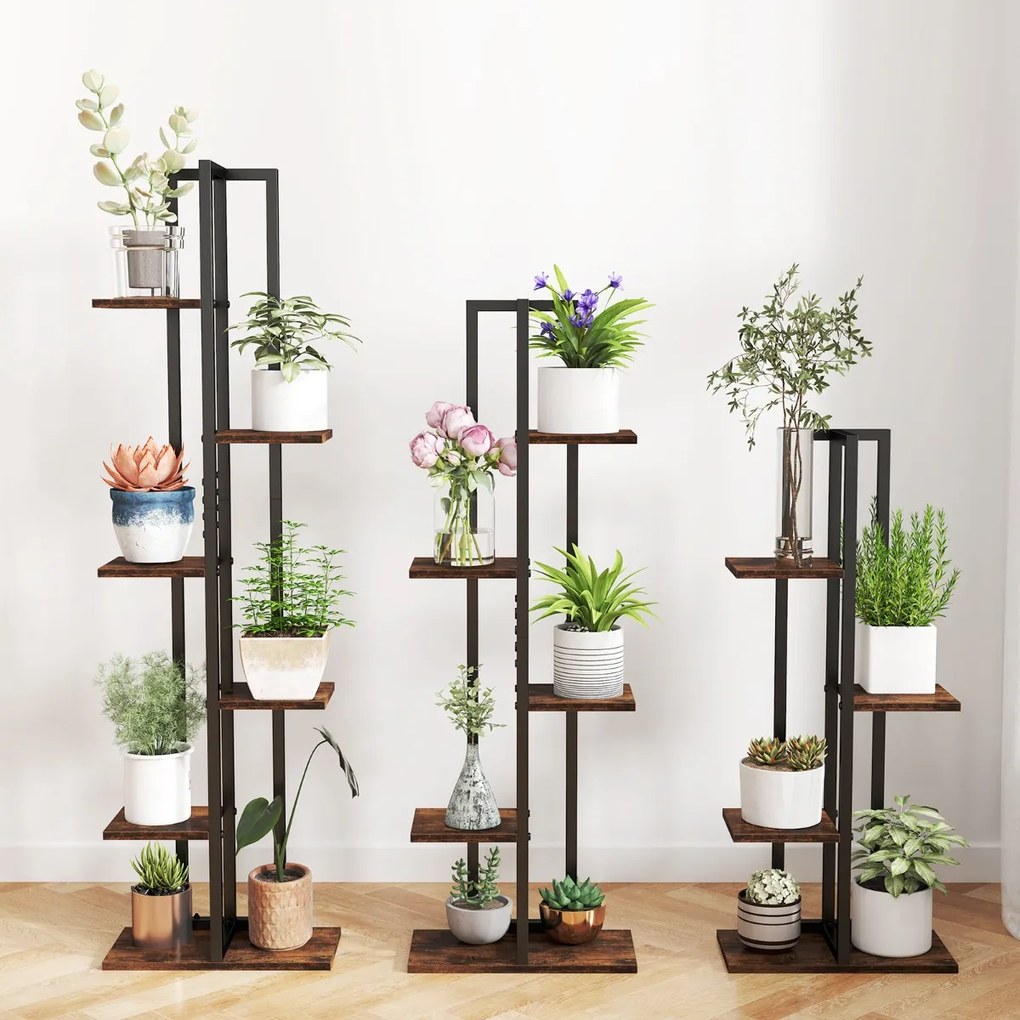 Conjunto de 3 Estantes altas de madeira e metal com 4+5+6 níveis para plantas e vasos Preto e Castanho