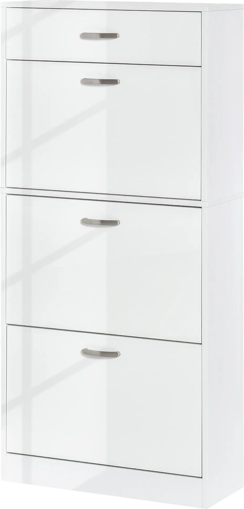 Sapateira com 3 portas basculantes e gaveta deslizante - 62 x 24 x 135 cm - puxadores em alumínio. Painéis em aglomerado branco