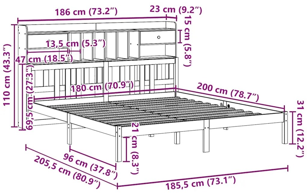 Cama com estante sem colchão 180x200 cm pinho maciço