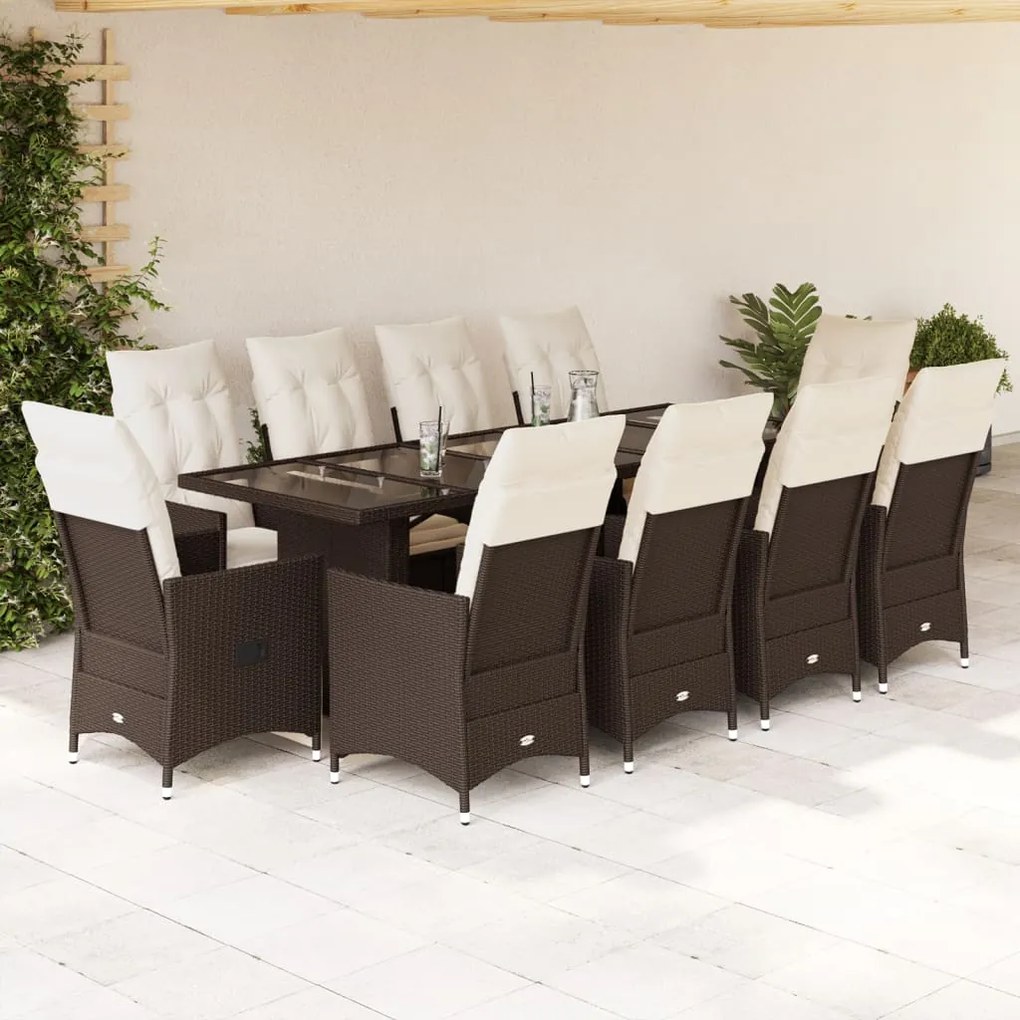 vidaXL 11 pcs conj. de bistrô p/ jardim c/ almofadões vime PE castanho