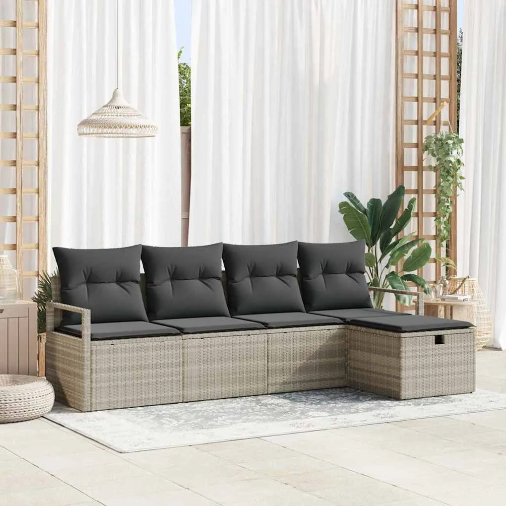 Conjunto de sofá de jardim com 5 peças e almofadas cinza claro em poly