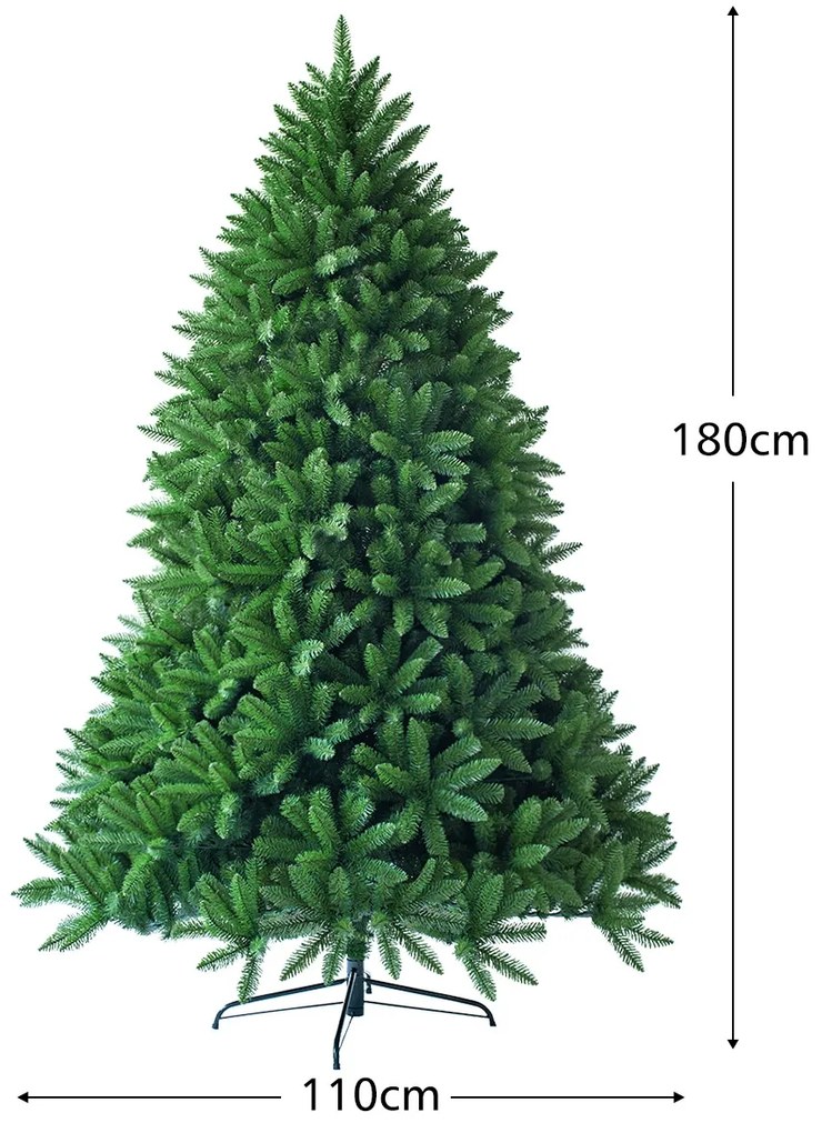 Árvore de Natal de 1,8 m sem luz com 1250 ramos artificial com base metálica resistente Verde