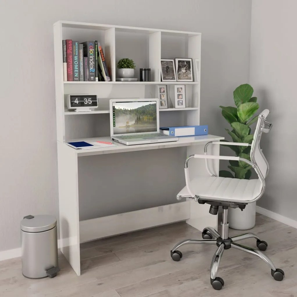 vidaXL Secretária c/ prateleiras 110x45x157cm contrap. branco brilhante