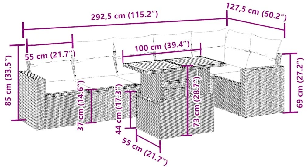 7 pcs conjunto de sofás p/ jardim com almofadões vime PE bege