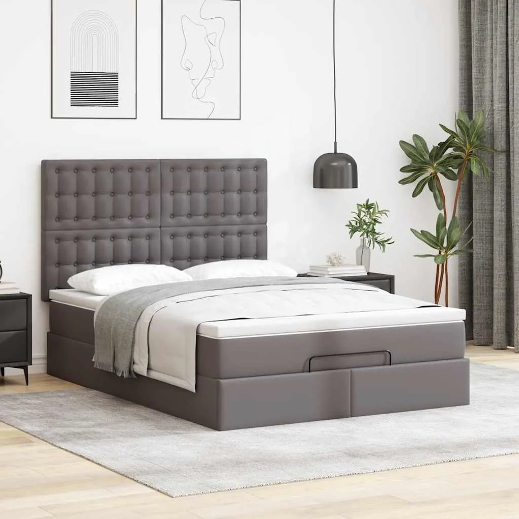 Estrutura de cama otomana com colchão cinza couro falso