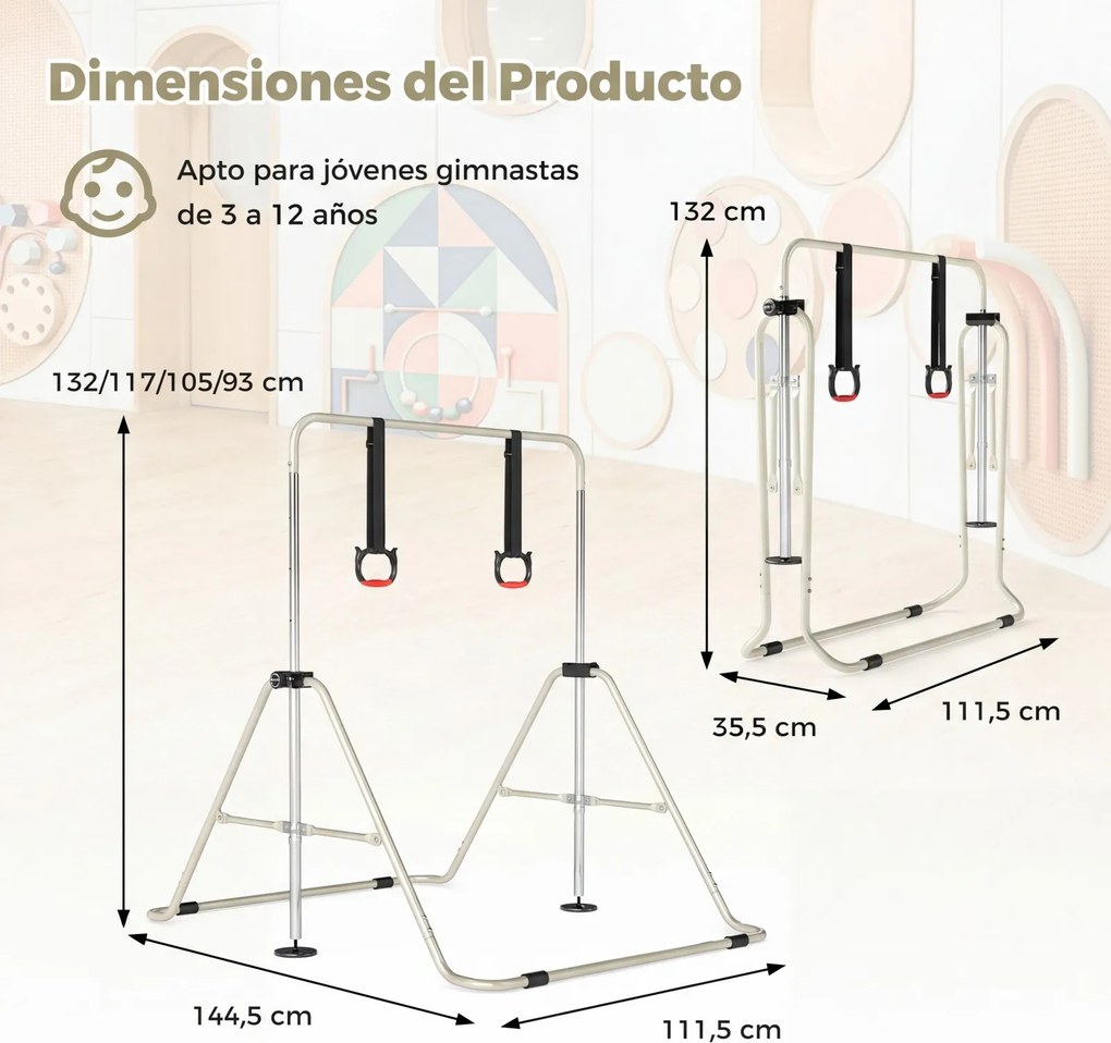 Barra de Ginástica para Crianças, 111,5 x 144,5 x 132 cm, Ajustável em 4 Níveis de Altura, Verde