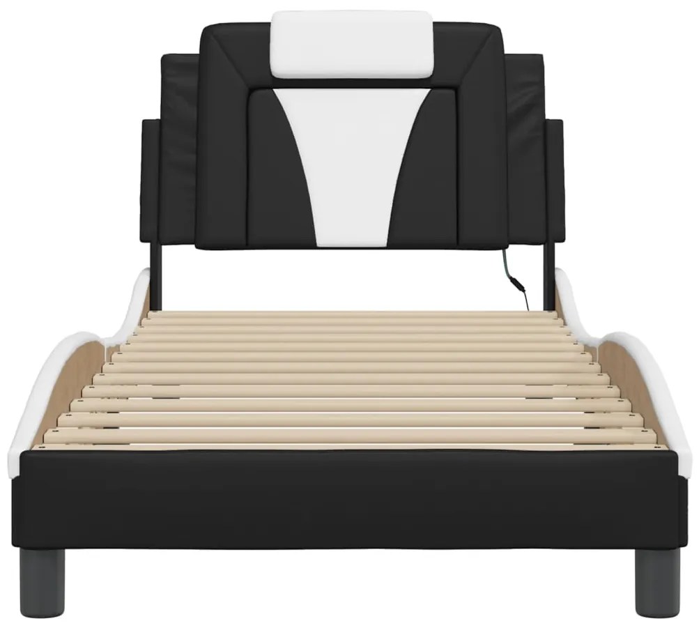 Estrutura cama c/ luzes LED 90x190 cm couro artif. preto/branco