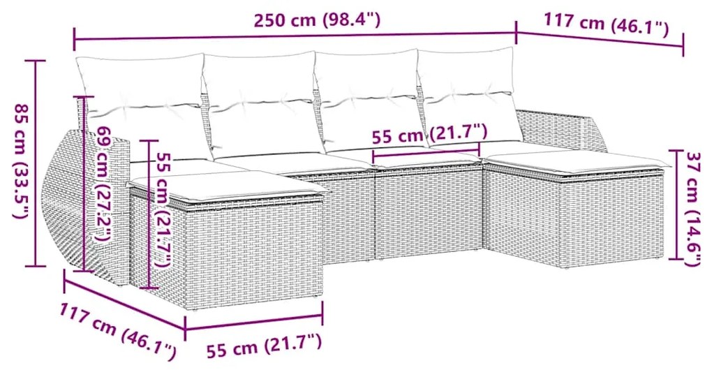 6 pcs conj. sofás jardim com almofadões vime PE cinzento-claro