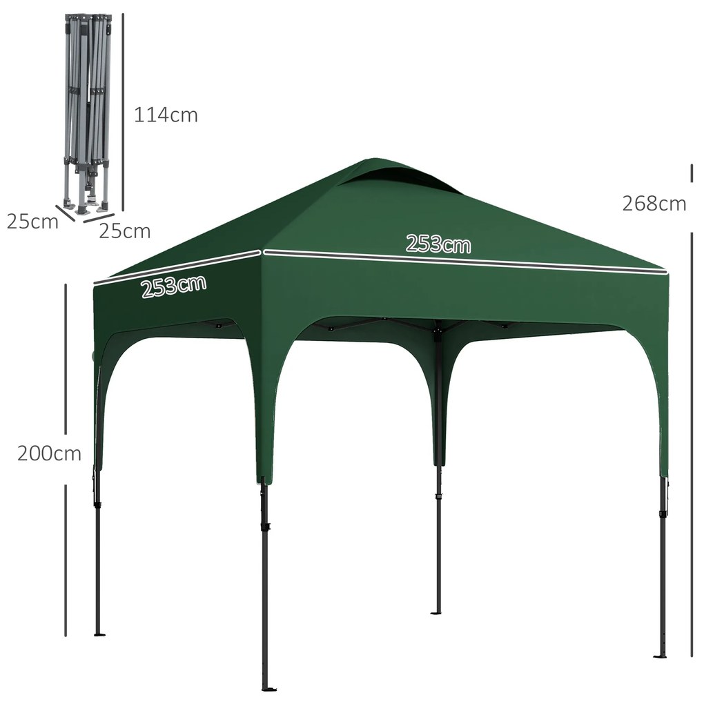 Tenda Dobrável 2,5x2,5x2,68cm Tenda de Jardim com Proteção UV 50+ Altura Ajustável com 4 Sacos de Areia Verde Escuro