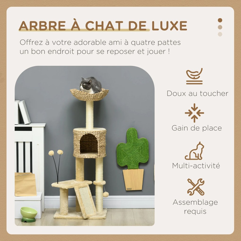 Arranhador  para gatos com 116 cm de altura, com casinha, cesto, plataformas, pompons de pelúcia e jacintos de água - bege