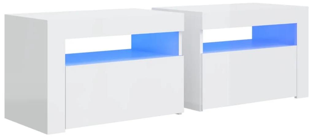 Mesas cabeceira c/ luzes LED 2 pcs 60x35x40 cm branco brilhante