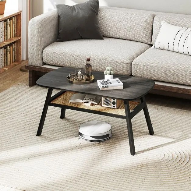 Mesa de centro em madeira para sala de estar com prateleira em rattan 100 x 55 x 44,5 cm Cinza escuro e natural